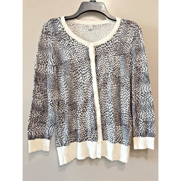 Halogen Women L Black & Ivory Animal Print Cardigan Button Up Ribbed Collar/Hem - Picture 2 of 6